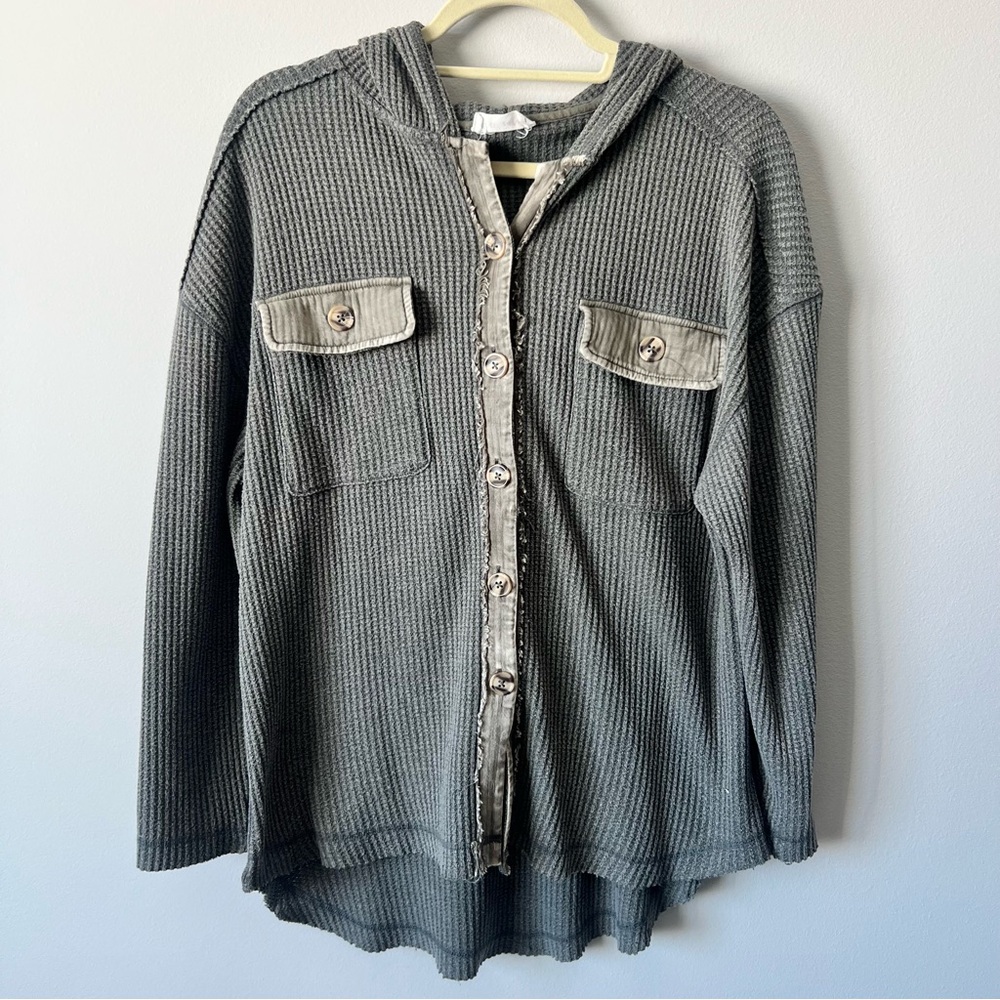 Women’s Waffle Knit Hooded Button-Up Shirt, Olive Green, Size Small